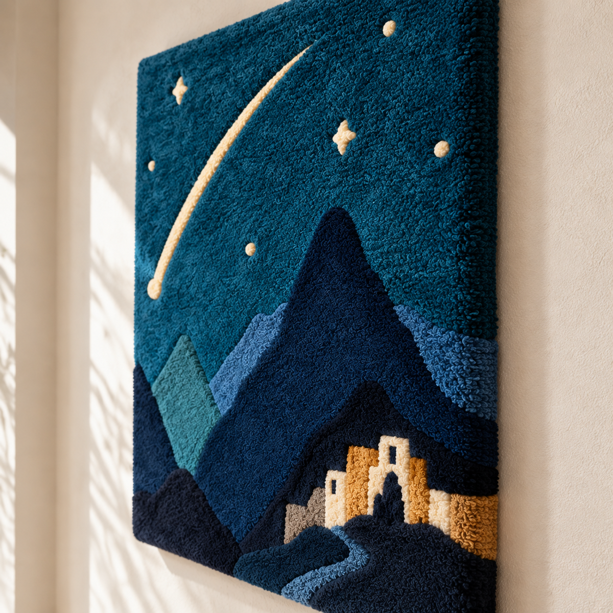 Hewn Earth wall art titled "Comet Above Blue Peaks" depicting a comet flying over mountain peaks, nature-inspired wall decor.