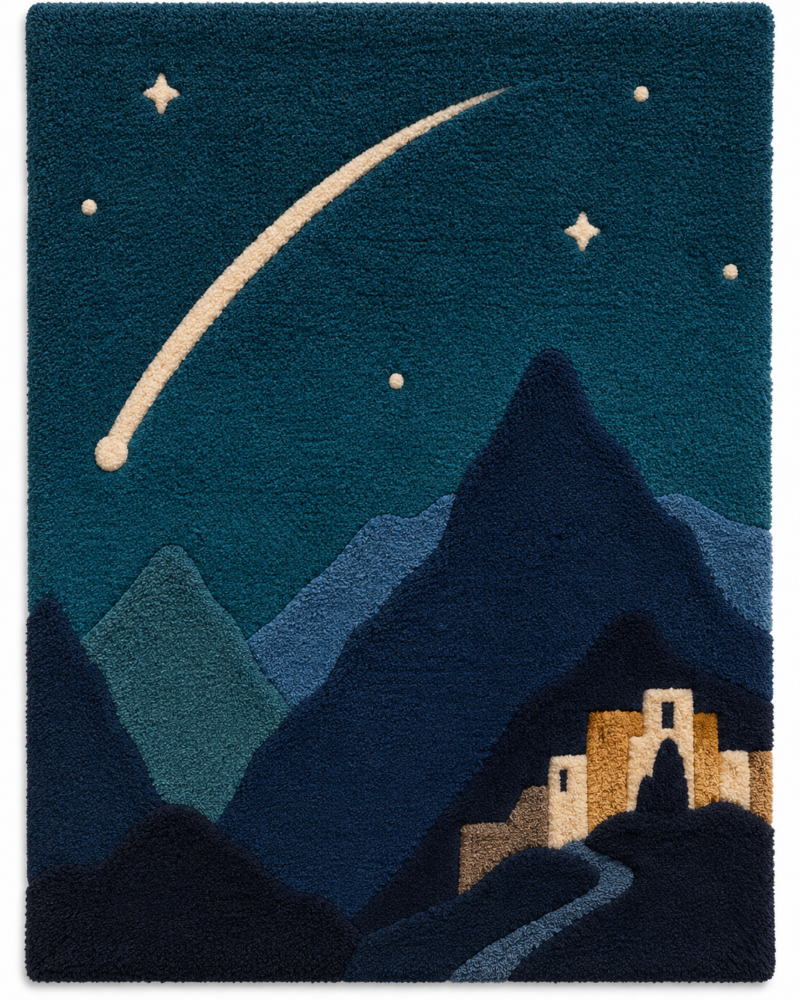 Hewn Earth wall art titled "Comet Above Blue Peaks" featuring a vibrant comet soaring over mountain peaks in a natural landscape scene.