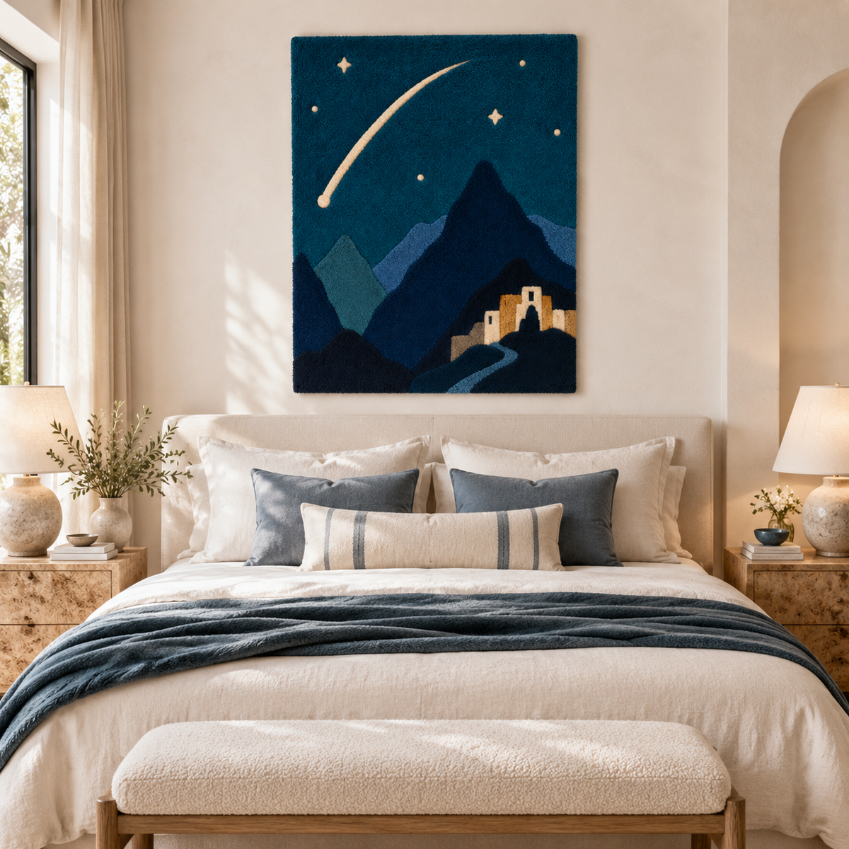 Hewn Earth wall art titled "Comet Above Blue Peaks" depicting a comet flying over mountain peaks in a room scene.