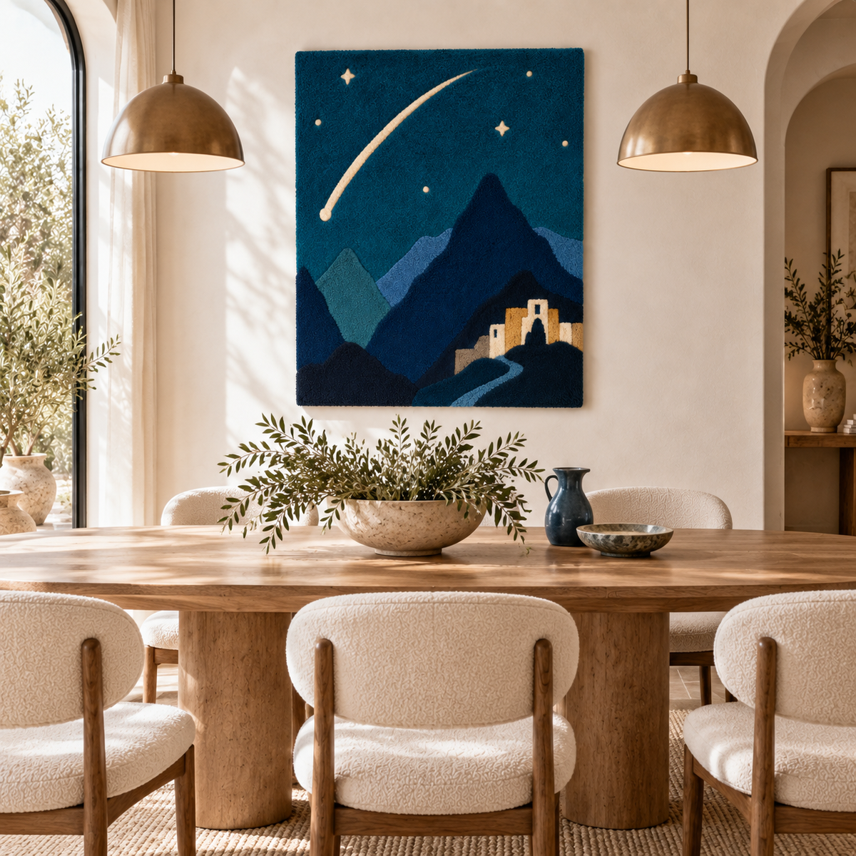 Hewn Earth wall art titled "Comet Above Blue Peaks" depicting a comet flying over mountain peaks in a room scene.