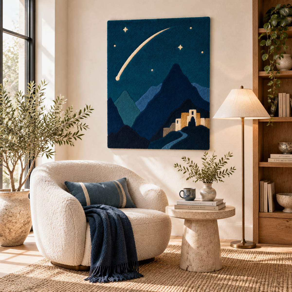 Hewn Earth wall art depicting a comet streaking above snow-capped blue mountain peaks in a room scene.