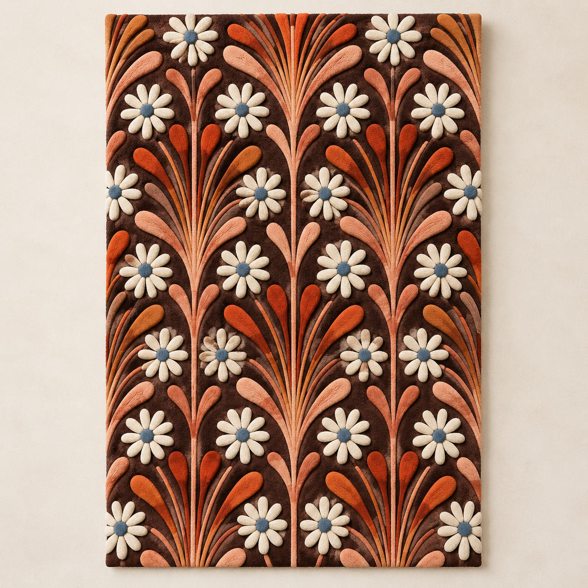 Hewn Earth Copper Plume Daisy Repeat wall art featuring a copper-toned floral pattern on a light background.
