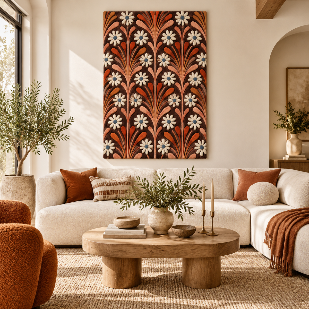 Hewn Earth Copper Plume Daisy Repeat wall art featuring a copper-colored abstract floral design on a room wall.