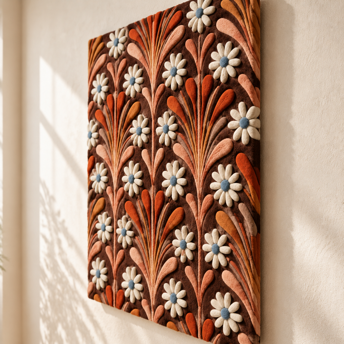 Hewn Earth Copper Plume Daisy Repeat wall art featuring a copper-colored abstract floral design, shown from an angled perspective.