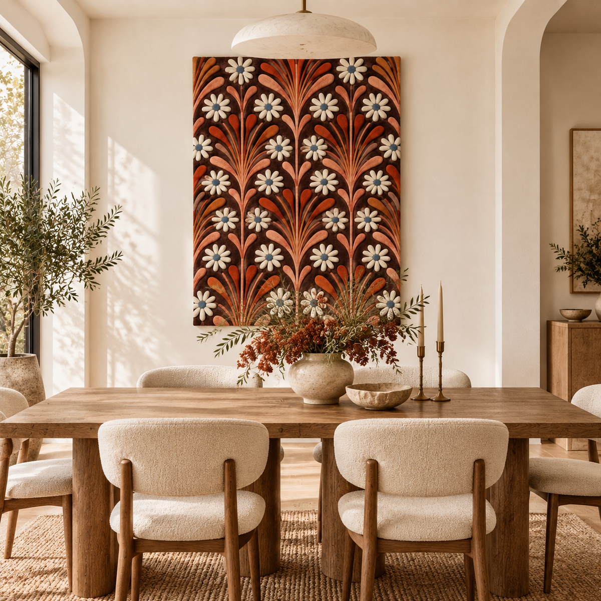 Hewn Earth Copper Plume Daisy Repeat wall art displayed in a room, featuring copper-toned floral design on a neutral background.
