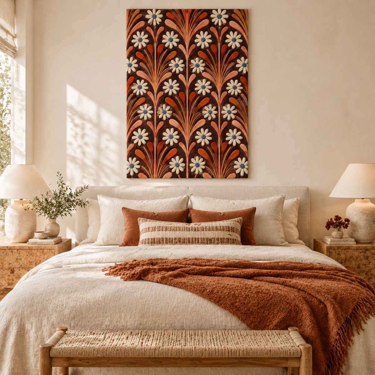 Hewn Earth copper Plume Daisy Repeat wall art displayed in a room scene, showcasing intricate copper floral design on wall.