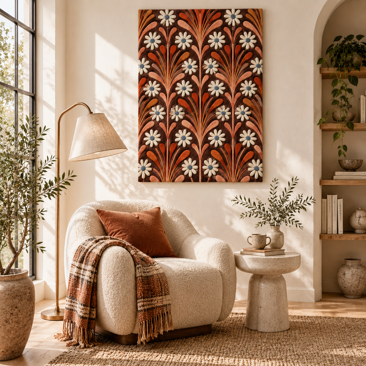 Hewn Earth copper Plume Daisy Repeat wall art displayed on a wall in a modern room scene, showcasing intricate copper floral design.