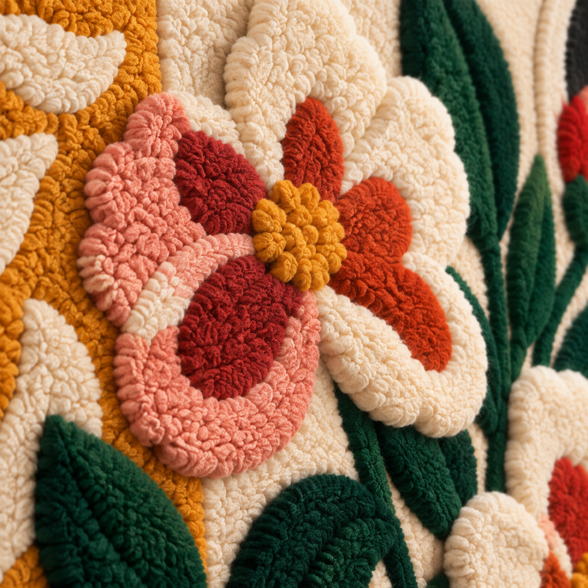 Coral Blooms and Lemon Bowl — tufted wool texture detail