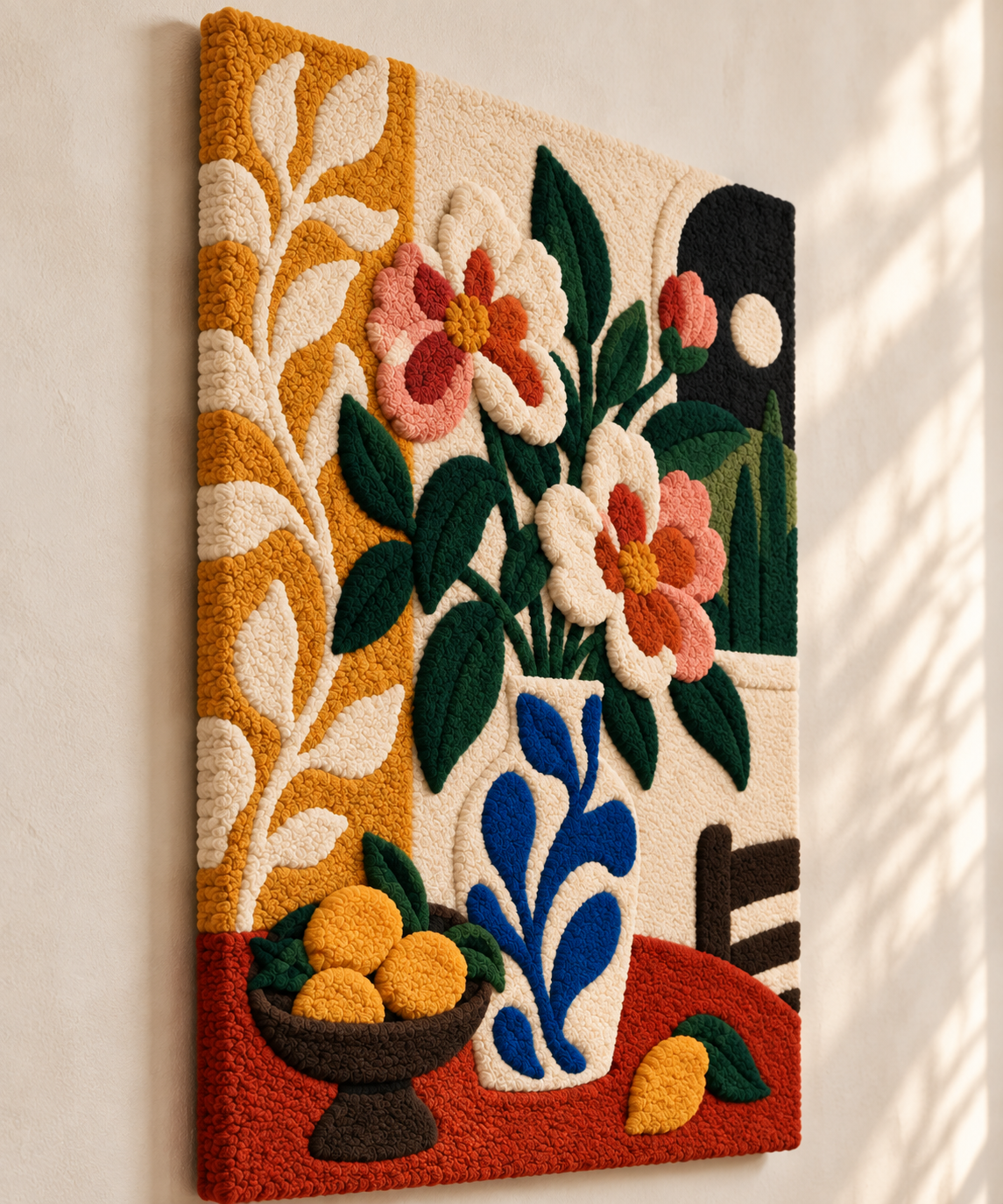 Coral Blooms and Lemon Bowl — angled relief view