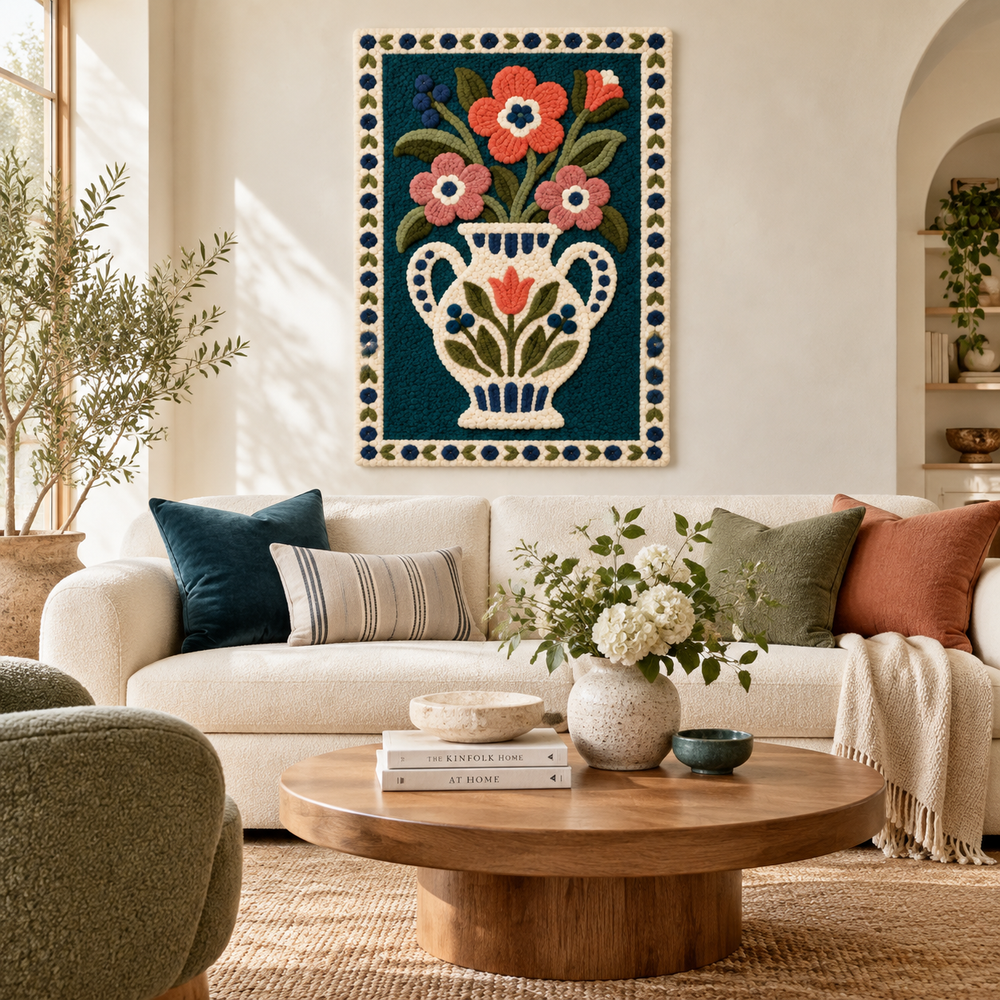 Coral Blooms in an Ivory Urn — front-facing room scene [room-front]