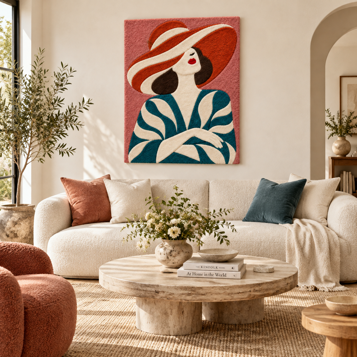 Hewn Earth Coral Brim Teal Breeze wall art featuring vibrant coral and teal abstract design for modern home decor.