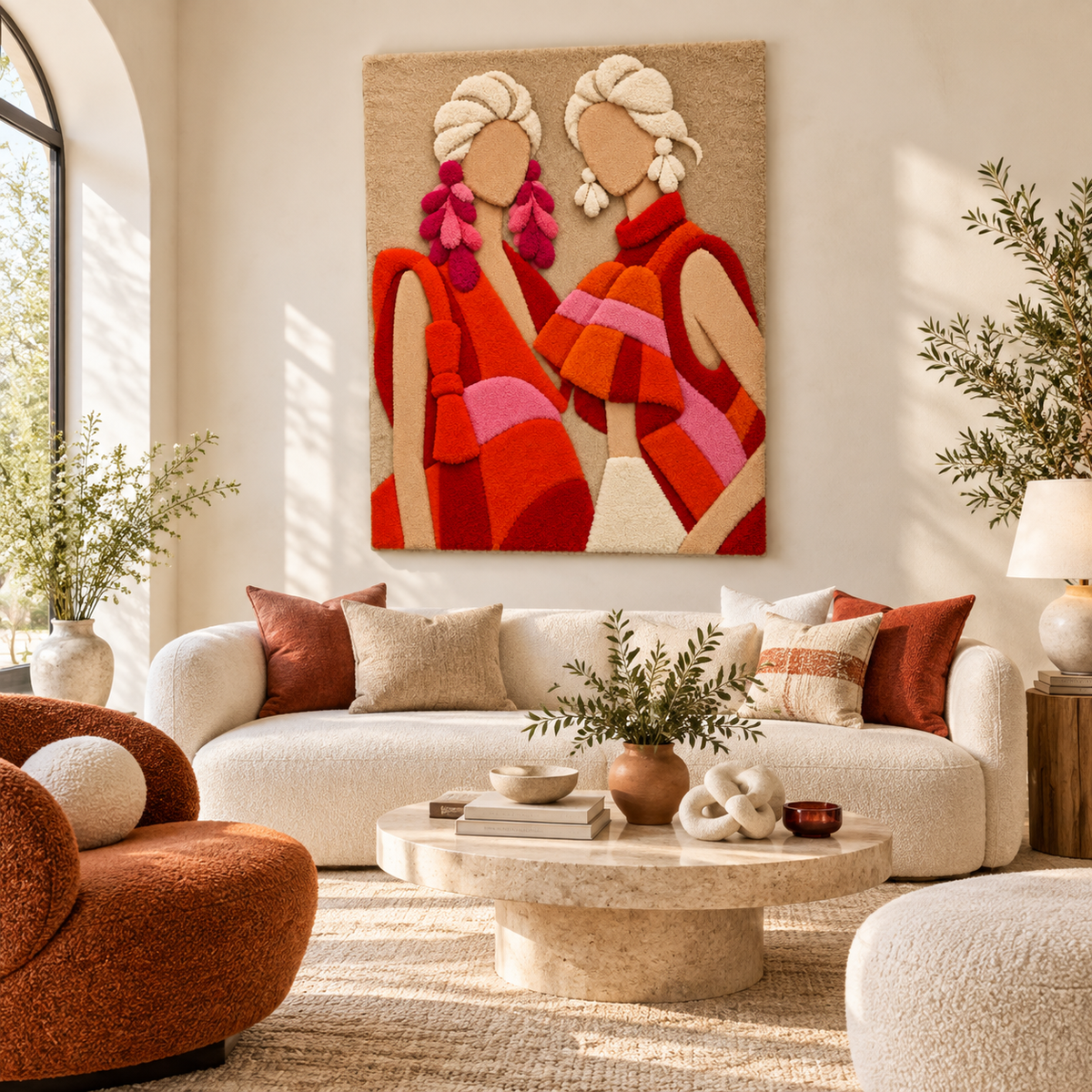 Hewn Earth Coral Checkered Fashion Companions wall art featuring vibrant coral and geometric patterns for modern home decor.