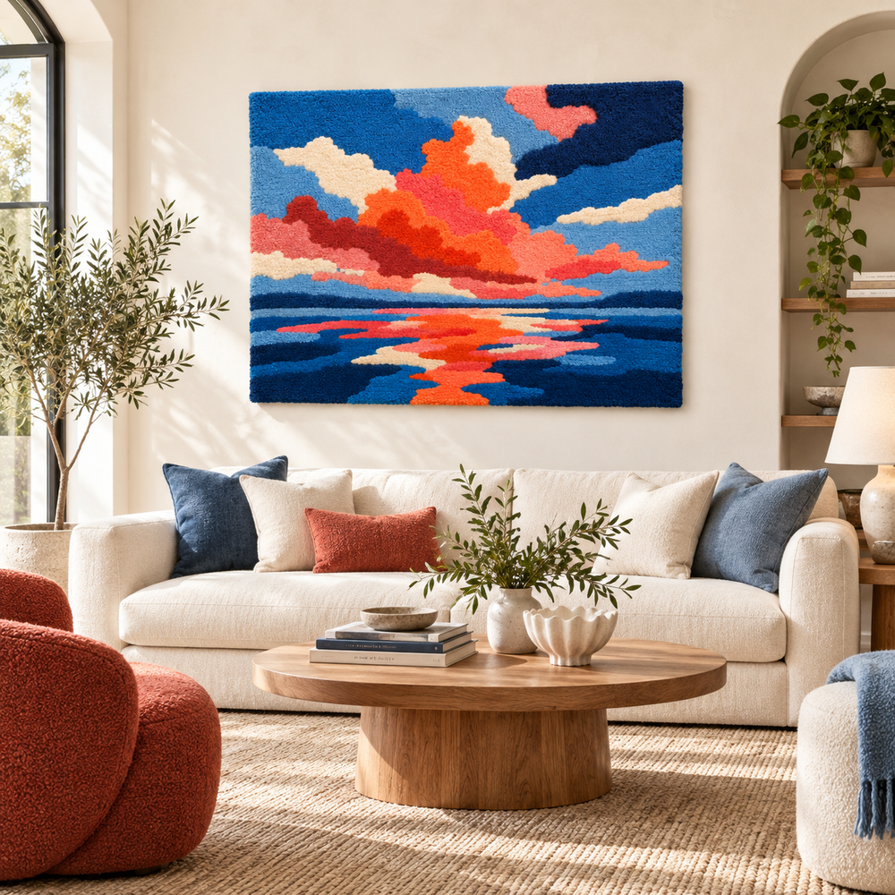 Coral Clouds on Blue Water — front-facing room scene