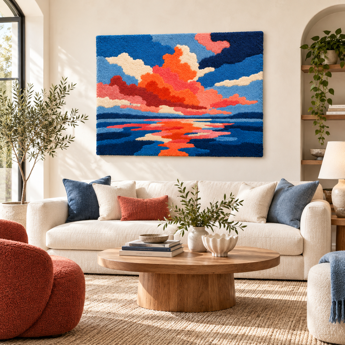 Coral Clouds on Blue Water — front-facing room scene