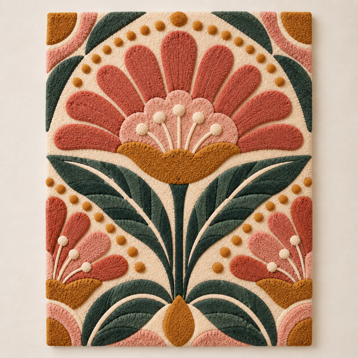 Hewn Earth coral fanflower garland as wall art, featuring vibrant coral-colored fanflower designs on a light background.