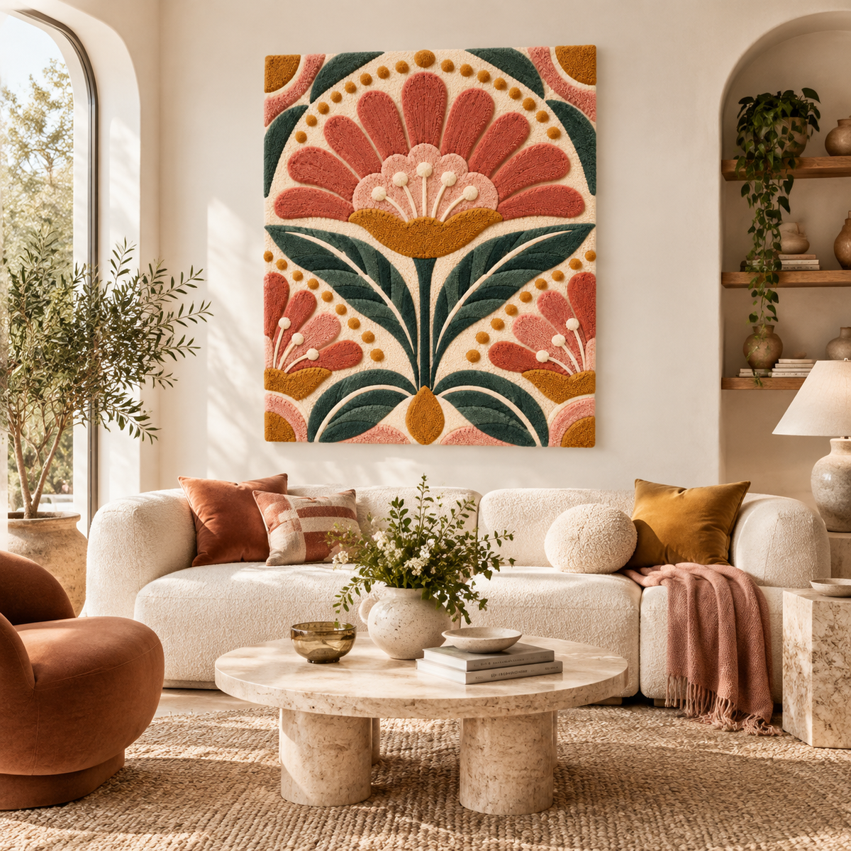 Hewn Earth coral Fanflower Garland wall art with vibrant coral fanflower design hanging in a room setting.