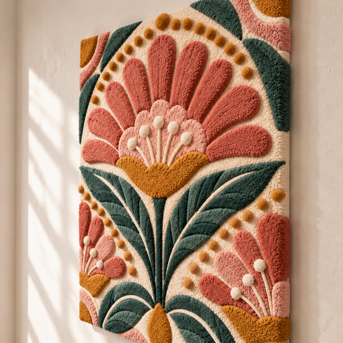 Hewn Earth coral fanflower garland as wall art, featuring vibrant coral-colored fan-shaped floral design for home decor.