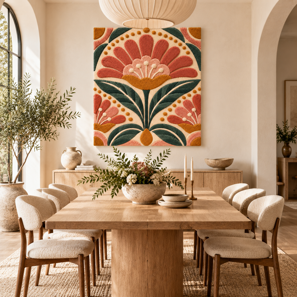 Hewn Earth coral fanflower garland wall art displayed in a room setting, featuring vibrant coral-colored fanflower designs for home decor