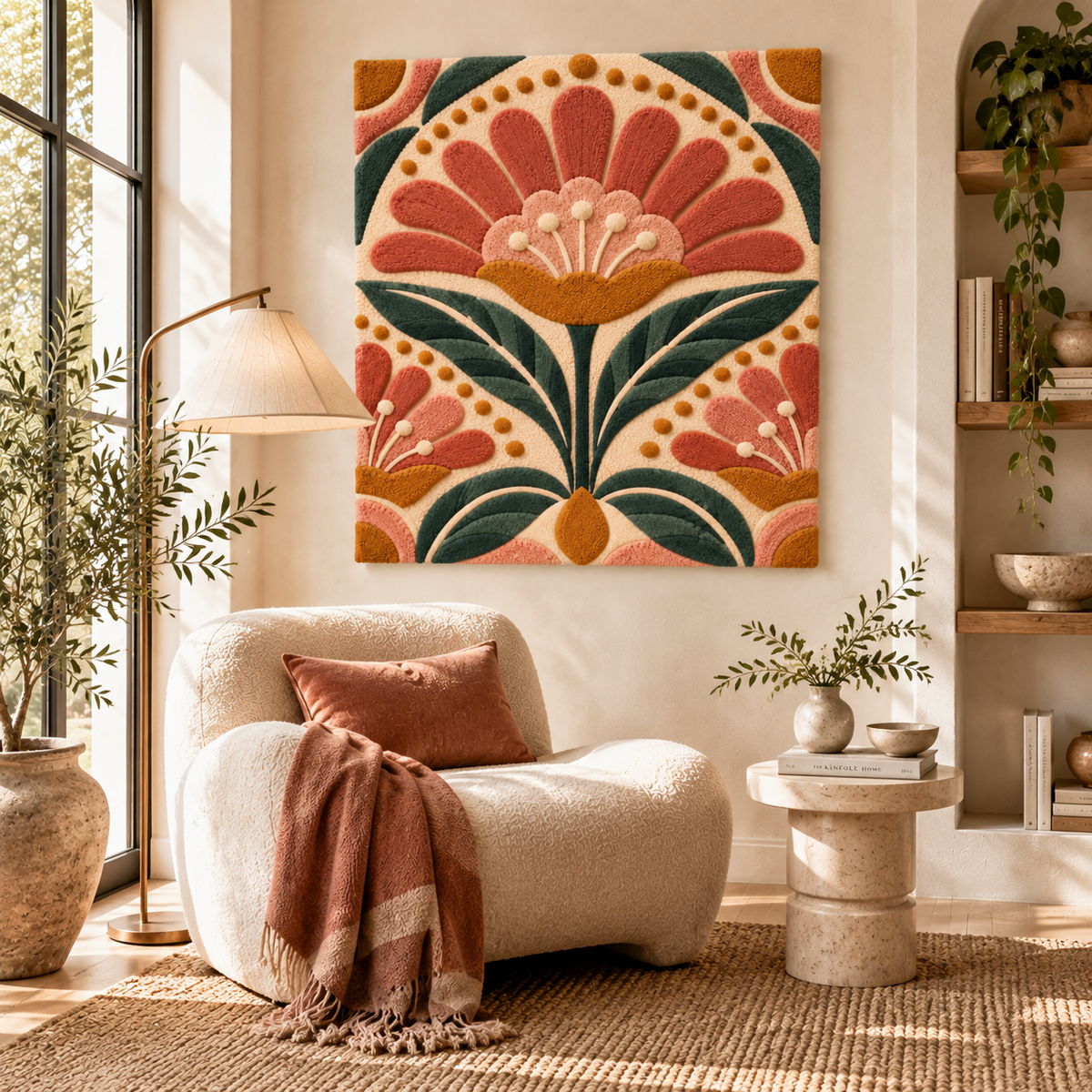 Hewn Earth coral fanflower garland used as wall art in a room, featuring vibrant coral-colored floral design.