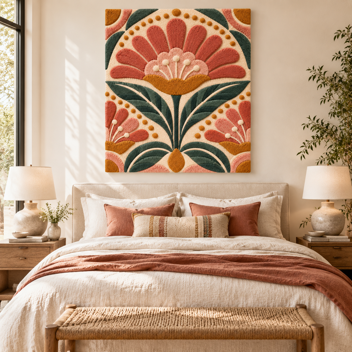 Hewn Earth Coral Fanflower Garland wall art hanging with vibrant coral-colored fan-shaped flowers in a room setting