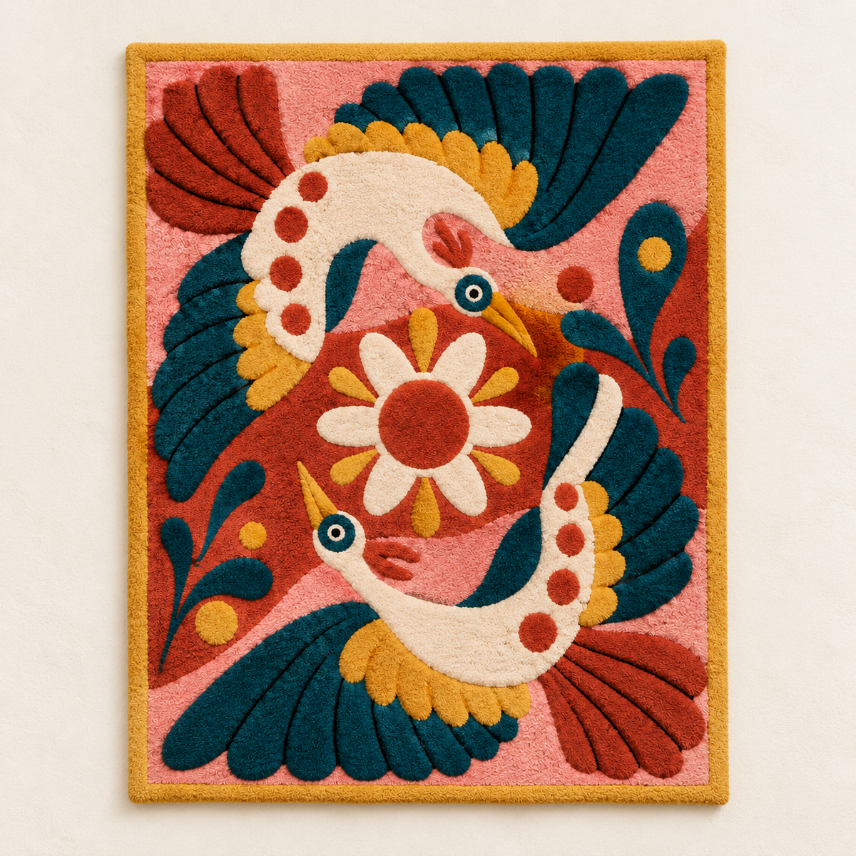 Hewn Earth Coral Garden Bird Dance wall art featuring vibrant coral and bird designs on a decorative wall hanging.