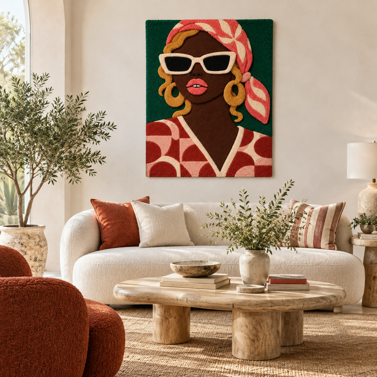 Coral Headscarf in Emerald — front-facing room scene [room-front]