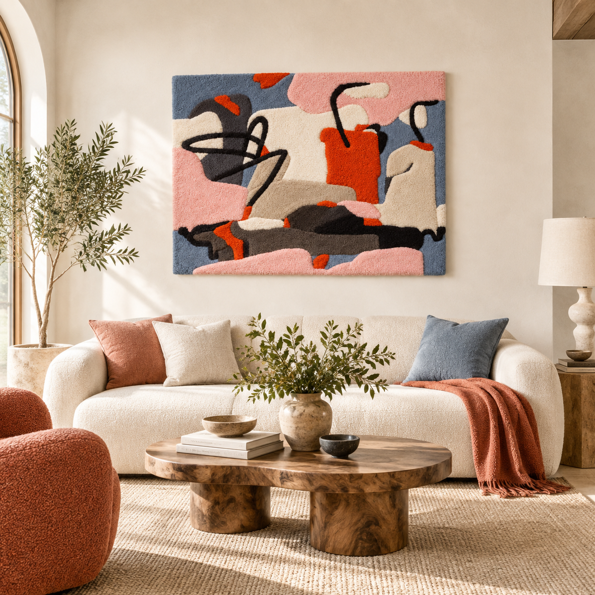 Coral Ink Conversation — front-facing room scene