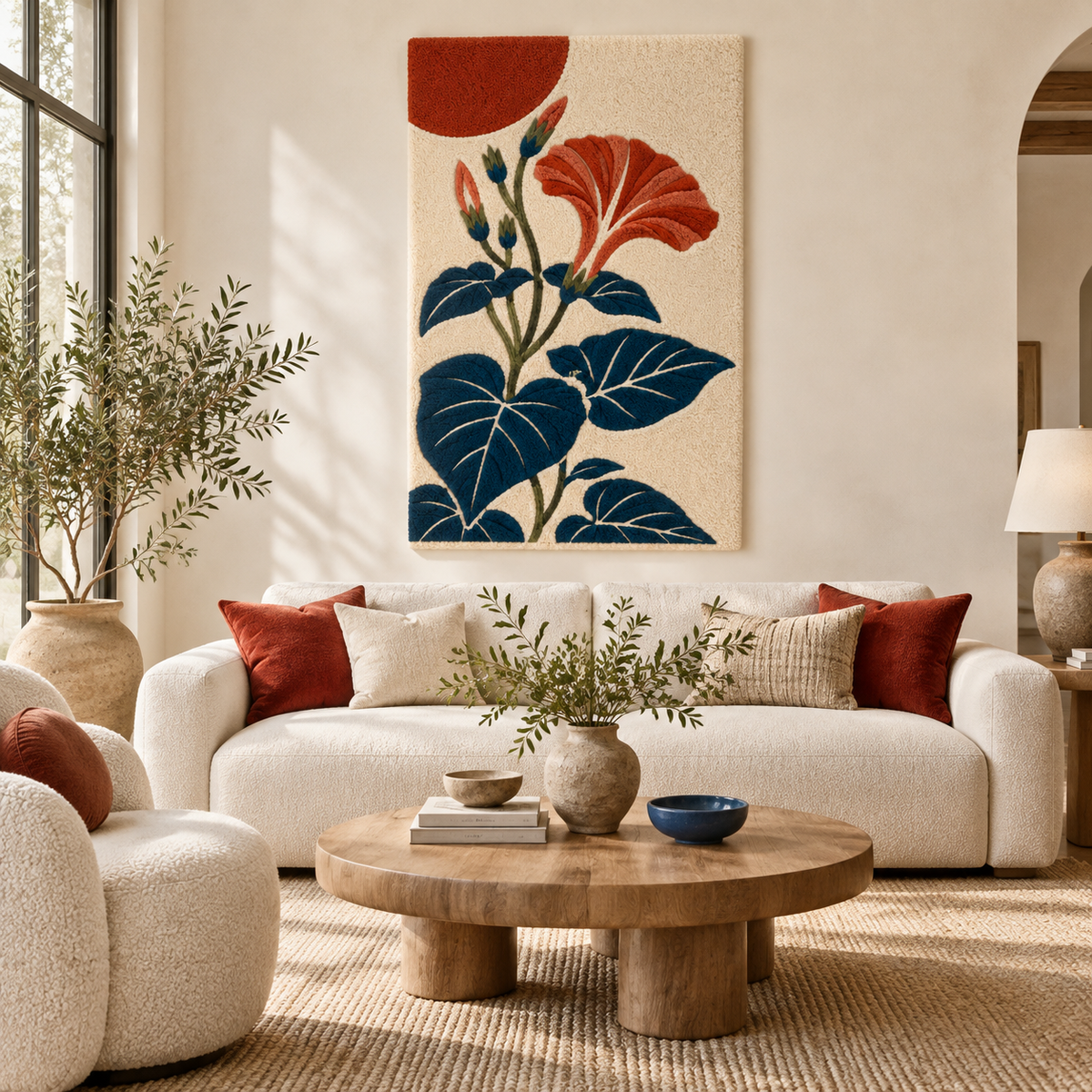 Hewn Earth Coral Morning Glory Sun wall art featuring vibrant coral and yellow sunburst design on a textured canvas.