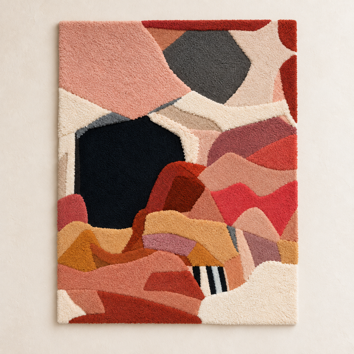 Hewn Earth Coral Patchwork Interlude wall art featuring vibrant coral-colored fabric patchwork design on a framed canvas.