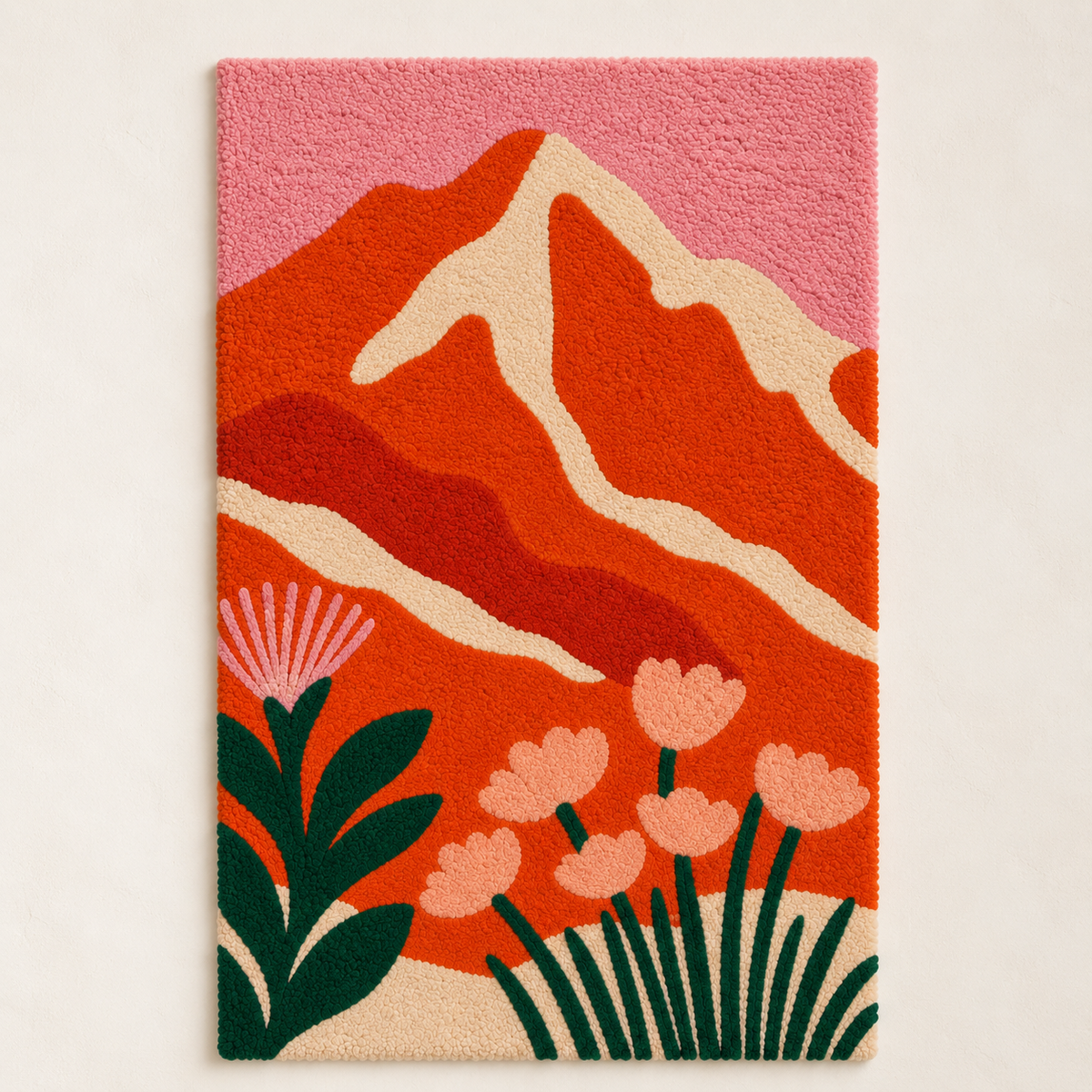 Hewn Earth wall art featuring coral peaks and vibrant wildflowers in a natural landscape scene.