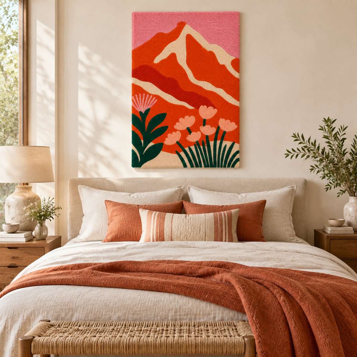 Hewn Earth wall art featuring vibrant coral peaks and wildflowers scene in a cozy room setting.