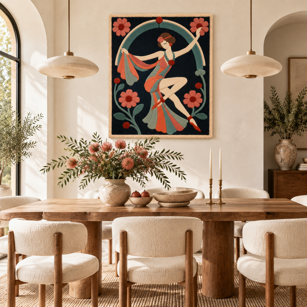 Hewn Earth Coral Ribbon Dancer wall art displayed in a living room scene, showcasing vibrant coral-colored abstract ribbon design.