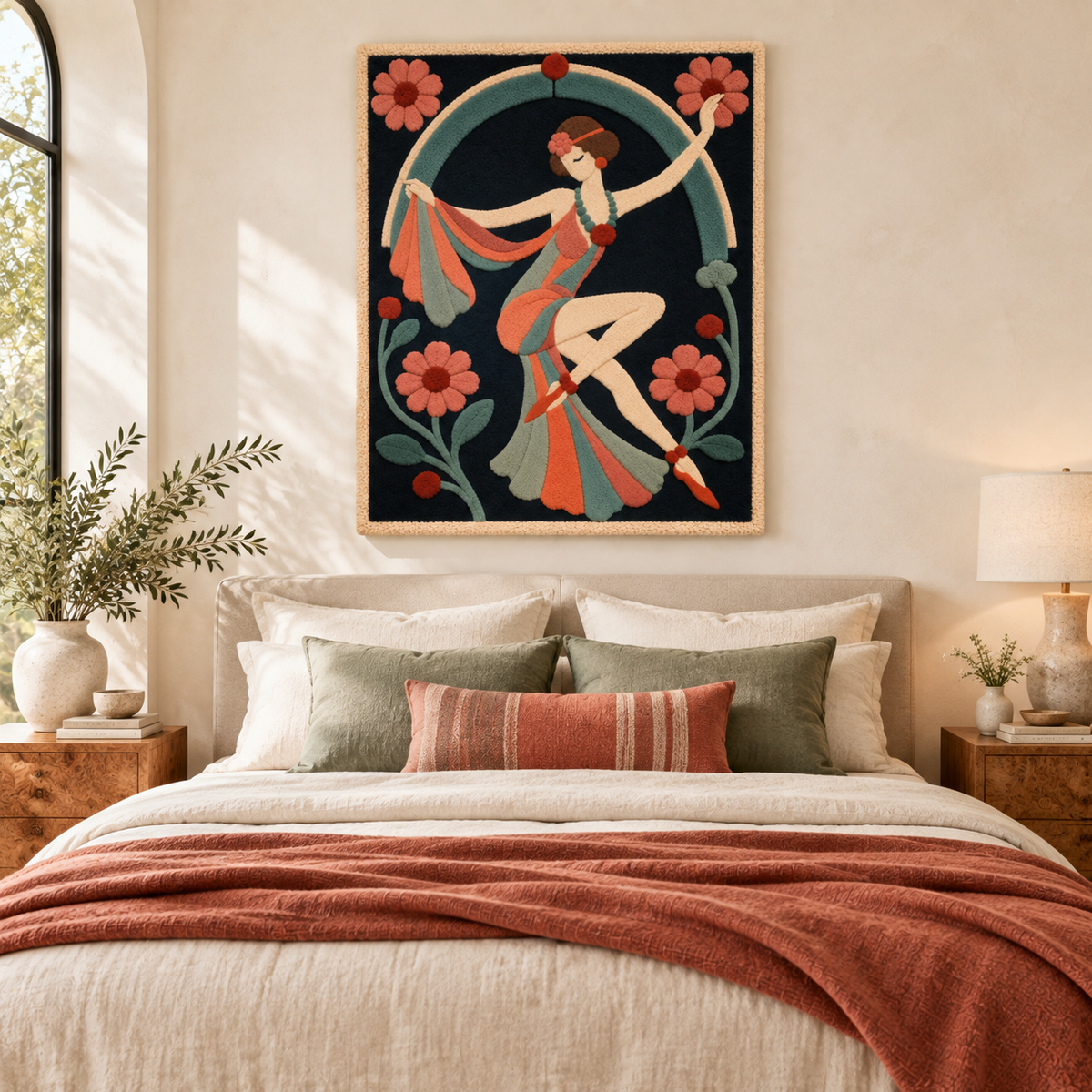 Hewn Earth Coral Ribbon Dancer wall art displayed in a modern room, featuring flowing coral ribbons creating an abstract decorative piece.