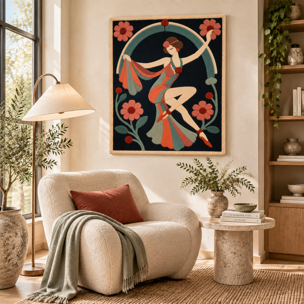 Hewn Earth Coral Ribbon Dancer wall art hanging on a wall in a modern room, showcasing vibrant coral colors and flowing ribbon design.