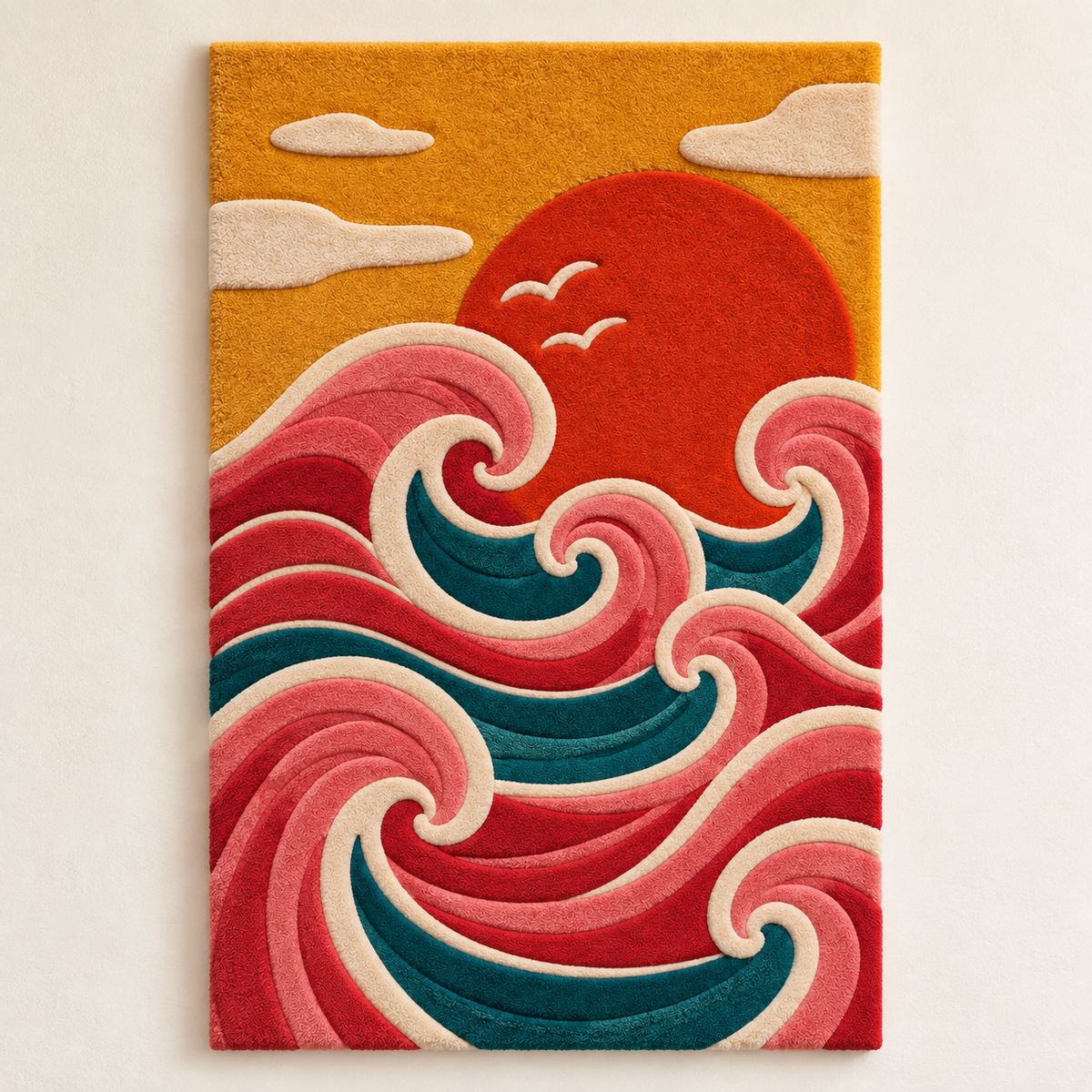 Hewn Earth Coral Waves at the Red Sun wall art featuring vibrant coral and sunset hues on canvas.