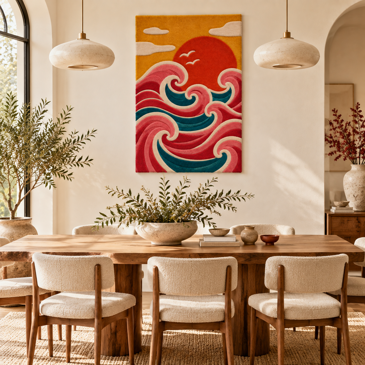 Hewn Earth Coral Waves at the Red Sun wall art, vibrant coral and red hues depicting ocean waves at sunset, displayed in a modern room.