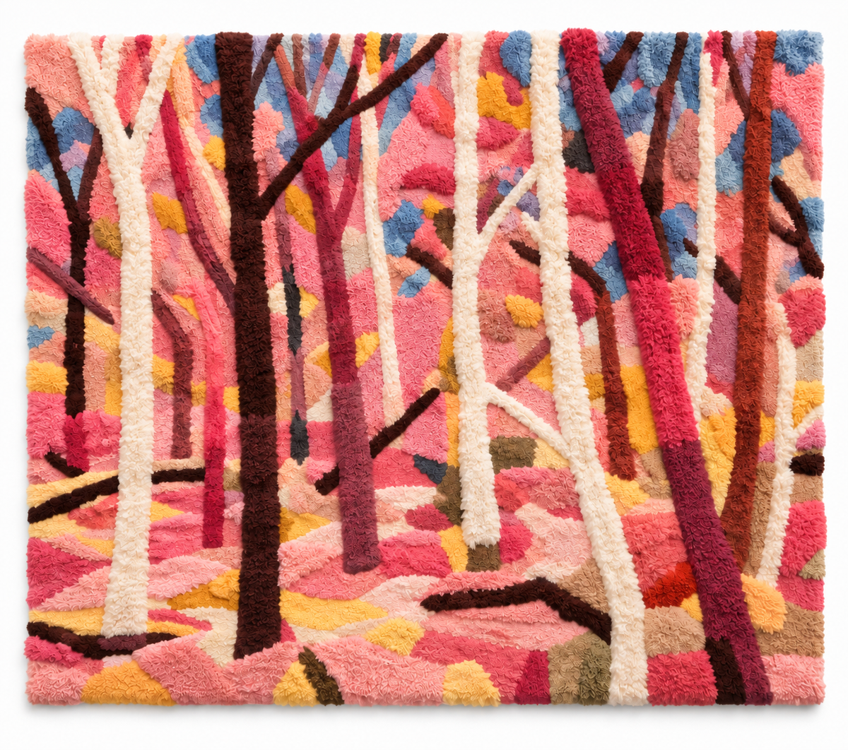 Hewn Earth Coral Woodland Passage wall art featuring vibrant coral and woodland scene in natural tones on a white background.