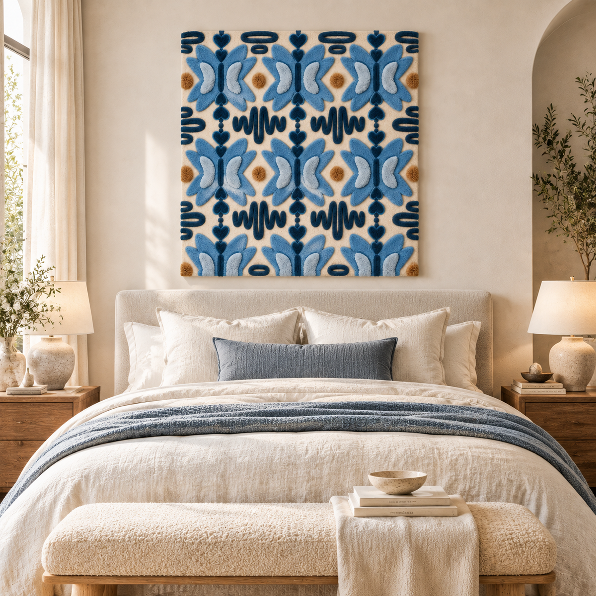 Hewn Earth Cornflower Butterfly Rhythm wall art displayed in a room scene, featuring vibrant blue flowers and butterfly design.