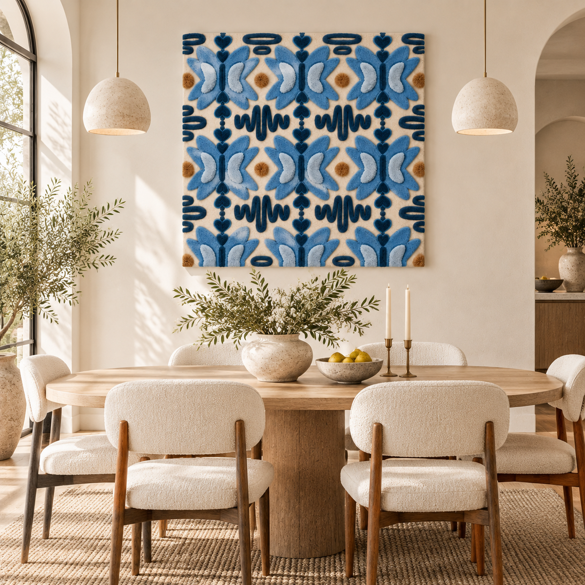 Hewn Earth Cornflower Butterfly Rhythm wall art decor featuring vibrant cornflower and butterfly design in a modern room setting.