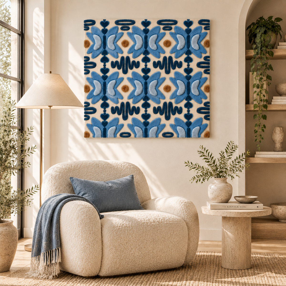 Hewn Earth Cornflower Butterfly Rhythm wall art displayed in a room scene, featuring vibrant cornflower and butterfly illustrations.