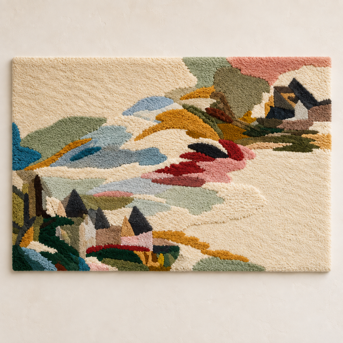 Hewn Earth wall art depicting cozy cottages along a tranquil inlet with reflections and lush greenery in a serene landscape scene.