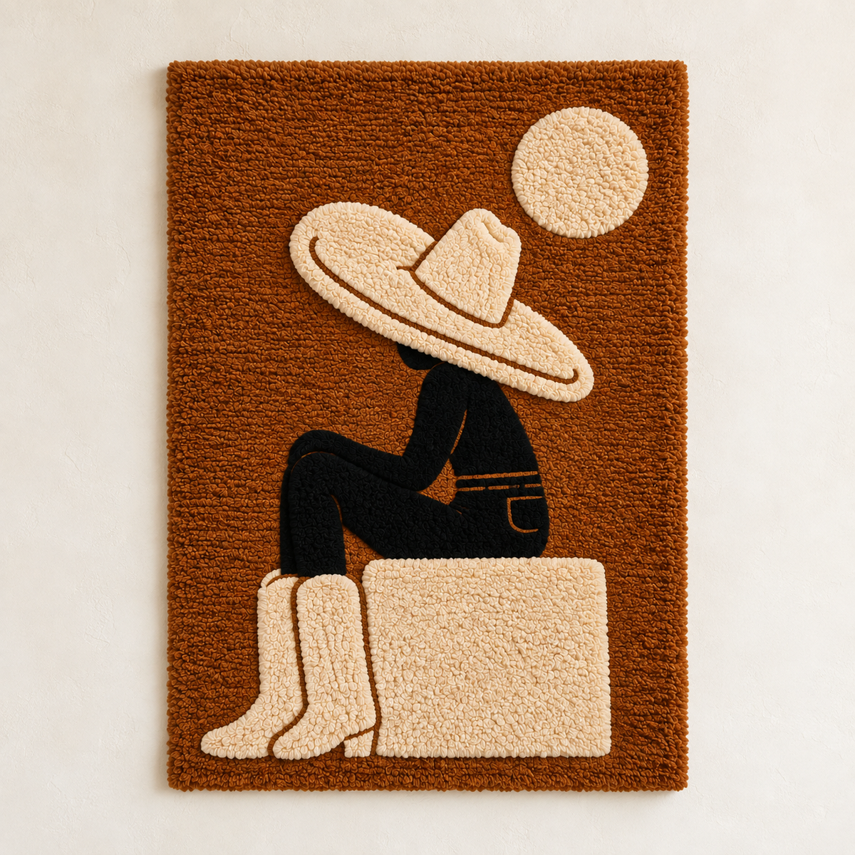 Hewn Earth Cowboy Moon Rest wall art featuring a rustic cowboy scene with a moonlit desert background.
