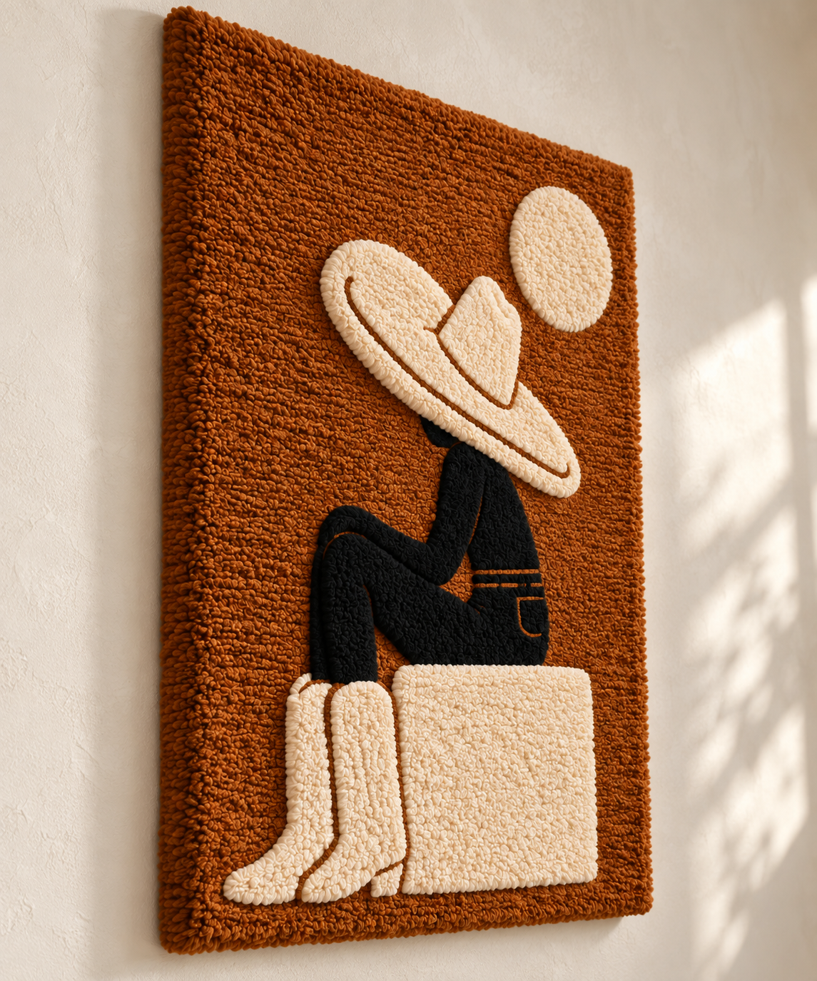 Hewn Earth Cowboy Moon Rest wall art featuring a rustic cowboy and moon design, displayed on a wall.