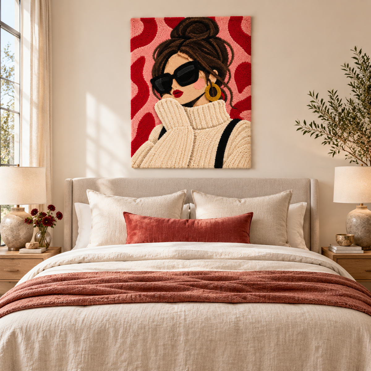 Cozy Knit and Scarlet Waves wall art by Hewn Earth displayed in a modern room scene, featuring vibrant red and textured knit patterns.