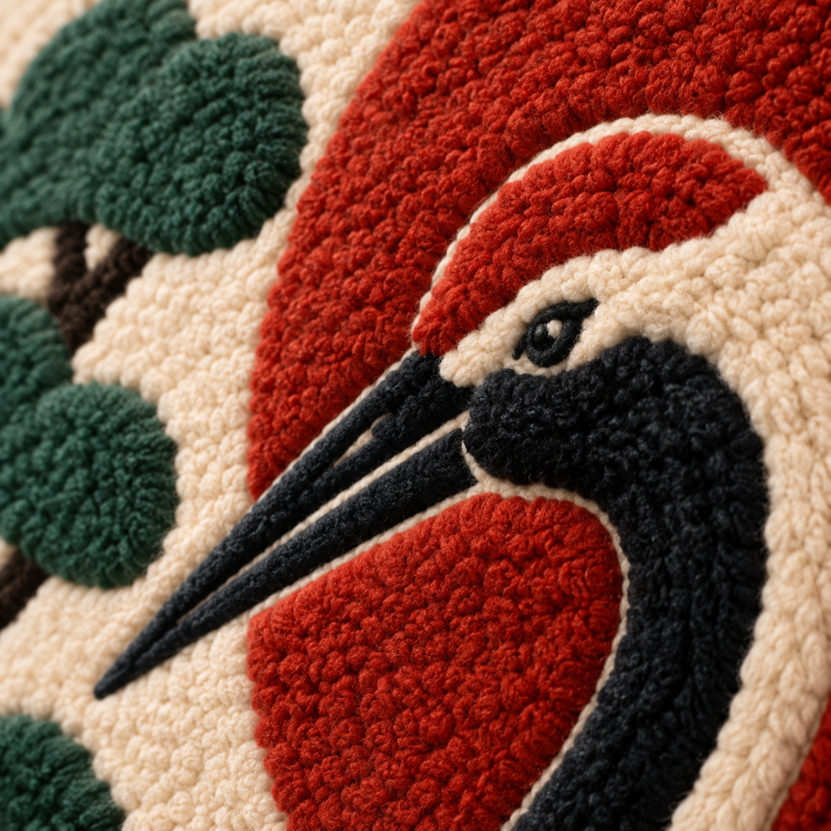 Crane at the Crimson Circle — tufted wool texture detail
