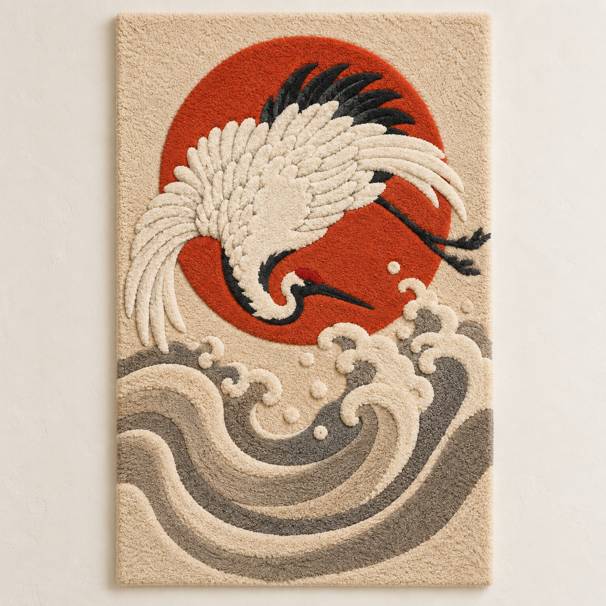 Hewn Earth wall art featuring a crane over vibrant vermilion waves, showcasing detailed brushwork and traditional Asian-inspired design.