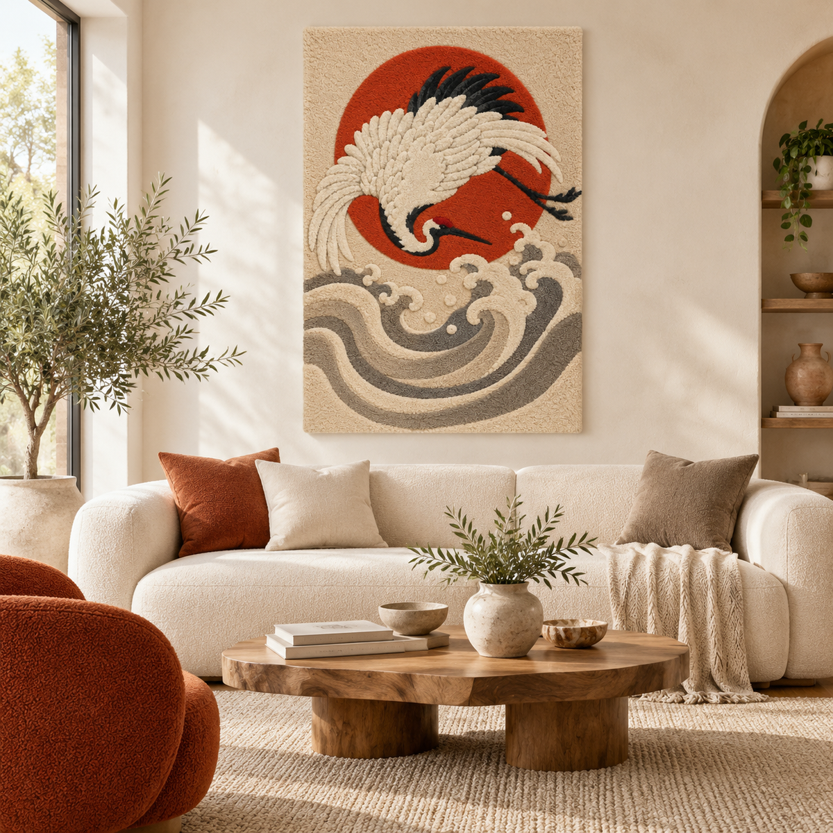 Hewn Earth wall art featuring a crane soaring over vibrant vermilion waves, ideal for contemporary home decor.