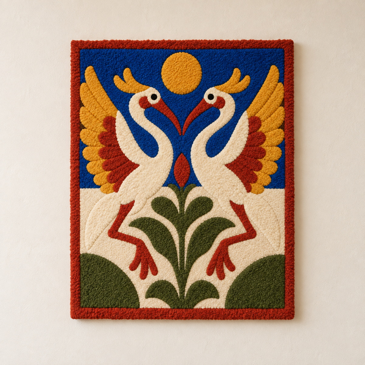 Hewn Earth wall art featuring cranes flying beneath a glowing golden sun, with vibrant colors and detailed brushwork.