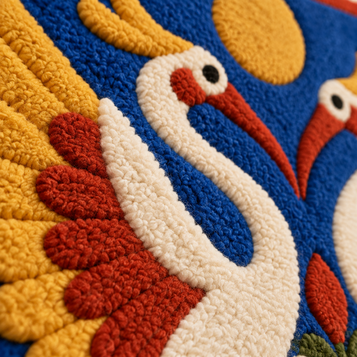 Cranes Beneath a Golden Sun — tufted wool texture detail
