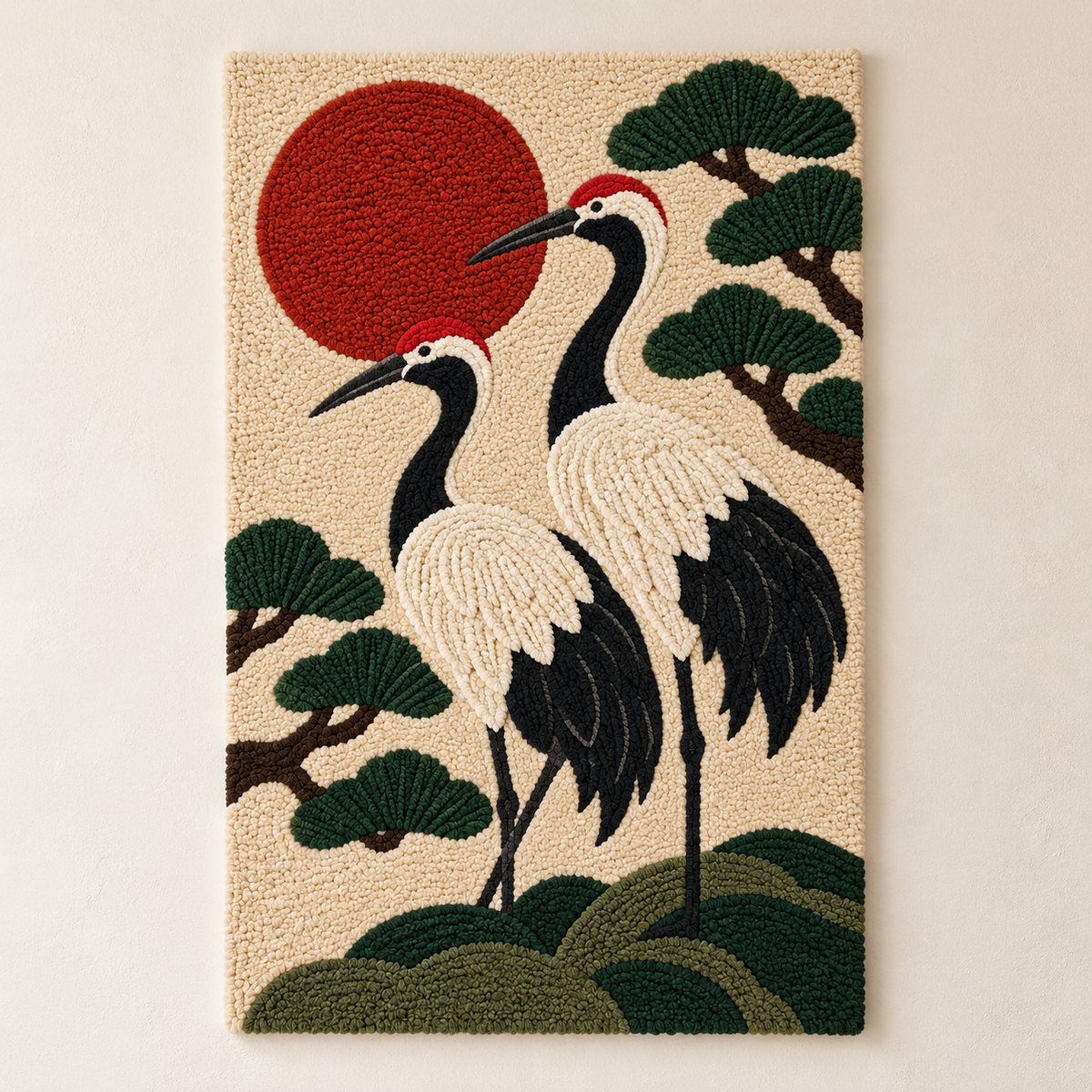 Hewn Earth wall art featuring cranes flying under a vibrant vermilion sun, with bold colors and detailed bird silhouettes.